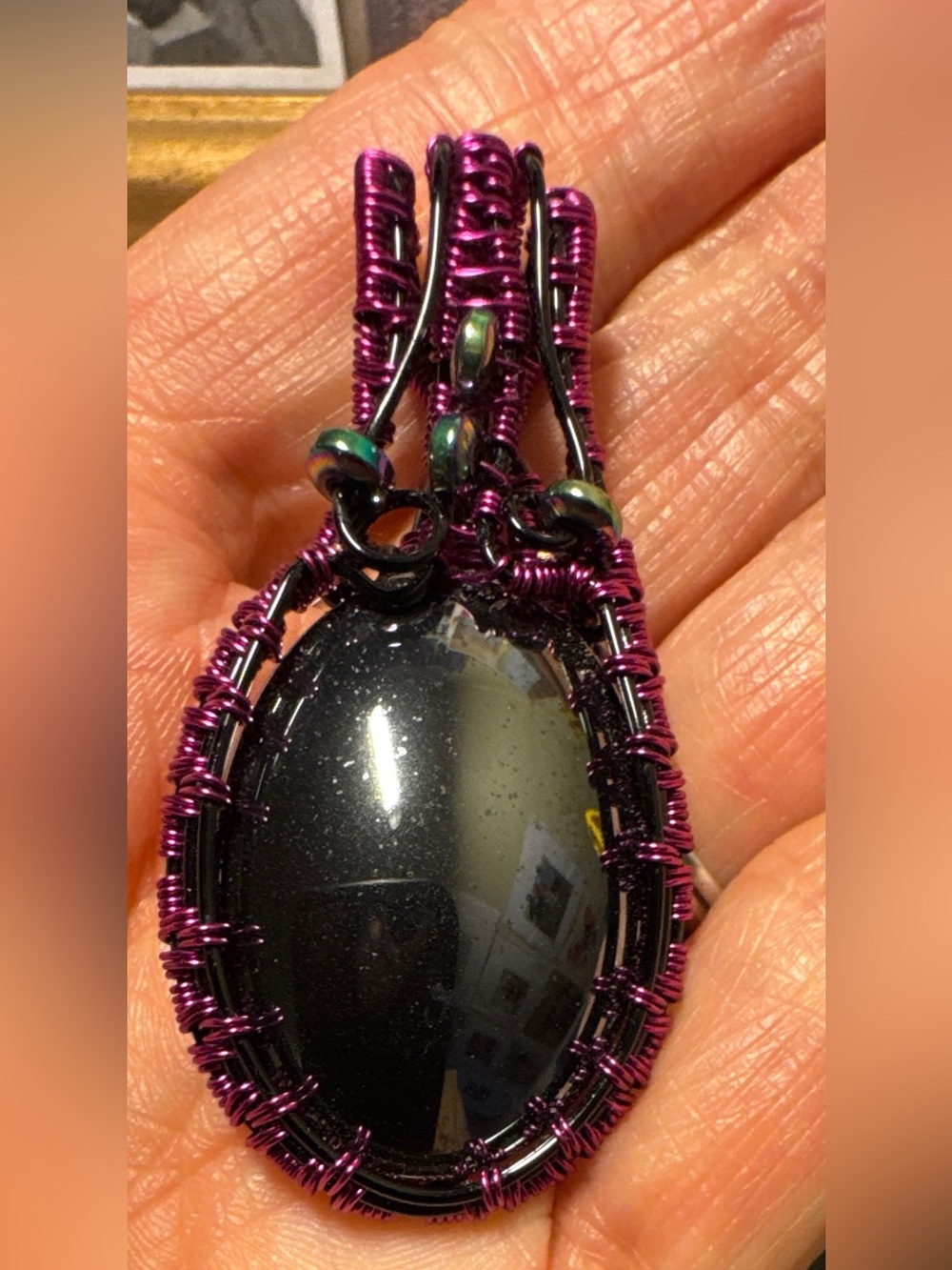 Hematite Pendant in Purple & Black Intricate Wire Wrap w/Hematite Bead Accents